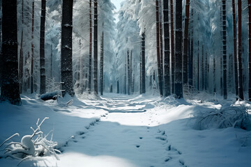 Naklejka premium Winter weather in the forest. Winter atmosphere. Background, wallpaper. AI Generated