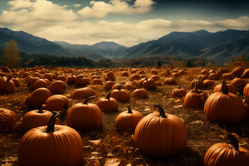 A field of pumpkins. Harvesting in autumn. Pumpkins for Halloween. Background, wallpaper. AI Generated