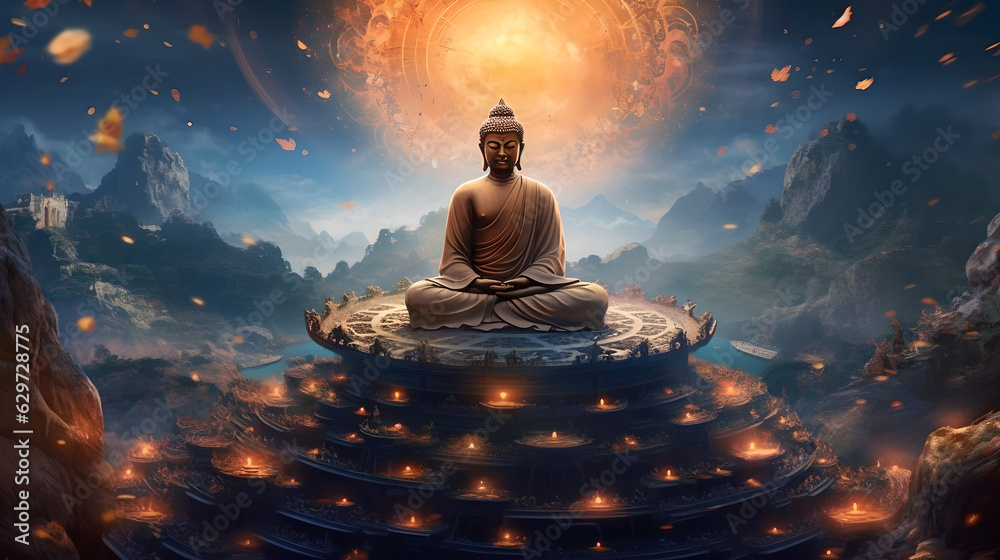 Wall mural spiritual background for meditation with buddha statue with galaxy universe background. meditation o