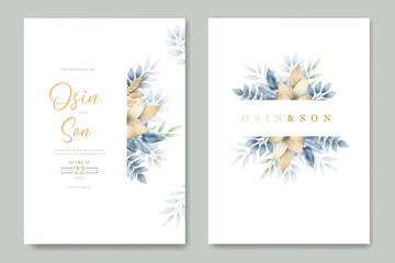 Fototapeta na wymiar navy blue leaves and gold wedding invitation card watercolor 