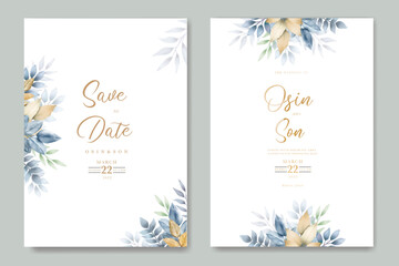 navy blue leaves and gold wedding invitation card watercolor 
