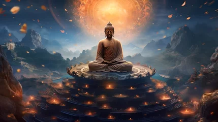  Spiritual background for meditation with buddha statue with galaxy universe background. Meditation on outer space background with glowing chakras © AspctStyle