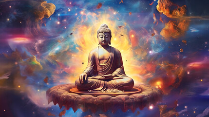Spiritual background for meditation with buddha statue with galaxy universe background. Meditation on outer space background with glowing chakras - obrazy, fototapety, plakaty