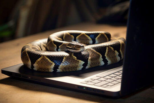 Python Snake Lies on the Laptop Keyboard