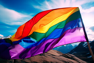 LGBT flag on sky background. The flag flutters in the wind. AI generated.