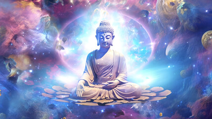 Spiritual background for meditation with buddha statue with galaxy universe background. Meditation on outer space background with glowing chakras