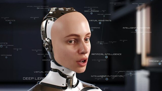 Female AI robot talks, looks at camera. Realistic 3D computer generated humanoid cyborg in futuristic metaverse cyberspace. Innovative future technology with artificial intelligence. Chatbot program.