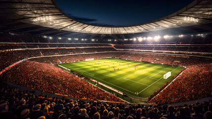 Modern soccer football stadium with soccer fans cheering their team illuminated by spotlights and empty green grass playground. Sport building stadium with floodlights cinematic background