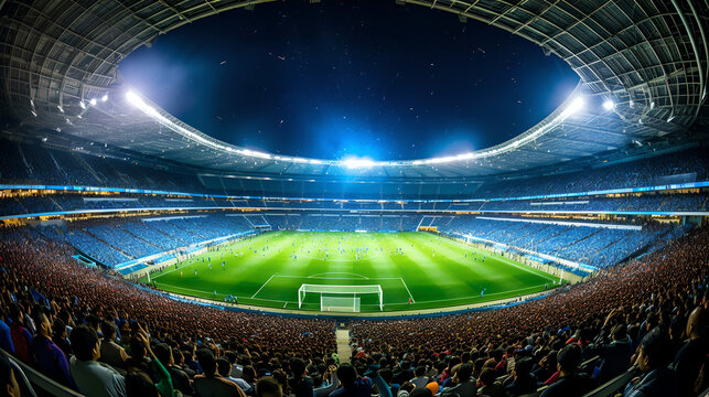 Modern soccer football stadium with soccer fans cheering their team illuminated by spotlights and empty green grass playground. Sport building stadium with floodlights cinematic background