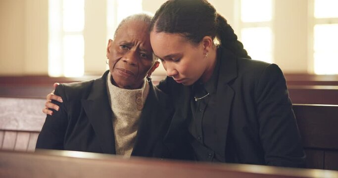 Senior mother, woman or church for funeral, hug or grief with empathy, care or support for solidarity. Sad mom, daughter or embrace for depression, loss or death in African family, together or faith