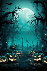 halloween scene horror background with creepy pumpkins of spooky halloween haunted mansion Evil houseat night with full moon |  Generative AI