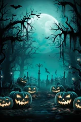 Tischdecke  halloween scene horror background with creepy pumpkins of spooky halloween haunted mansion Evil houseat night with full moon    Generative AI © Kay