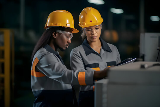 two professional engineer worker technician use clipboard discuss work walk in steel metal manufacture factory plant industry black african american man and woman wear hard hat check quality machine 