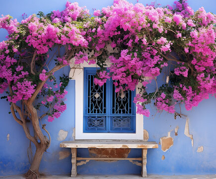 finestra azzurra di tipica casa bianca in isola greca, buganville rosa in san torini 