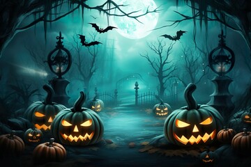 Fototapeta na wymiar halloween scene horror background with creepy pumpkins of spooky halloween haunted mansion Evil houseat night with full moon | Generative AI