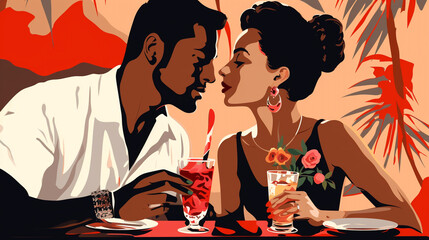couple in love in a restaurant looks into each other's eyes on an abstract background, colorful illustration. Generative Ai. 