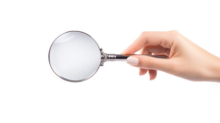 female hand holding a magnifying glass on a white background. Generative Ai. 