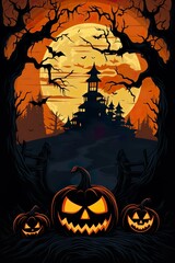 halloween scene horror background with creepy pumpkins of spooky halloween haunted mansion Evil houseat night with full moon | Generative AI
