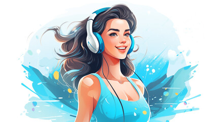 young woman smiling Listening to music with headphones on abstract blue background, colorful illustration. Generative Ai. 