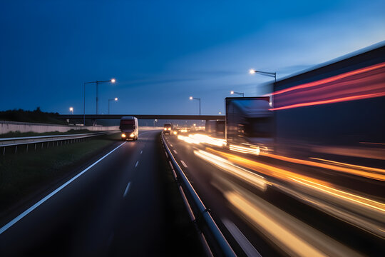 background photograph of a highway truck on a motorway motion blur light trails evening or night shot of trucks doing logistics and transportation on a highway 