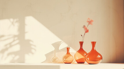 minimalist background with colored orange vases on a light background and sunbeams. Generative Ai. 