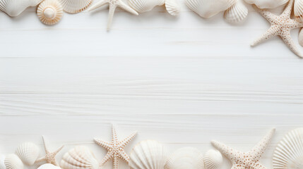 sea shells and stars on a white wooden background with empty space to insert. Generative Ai. 