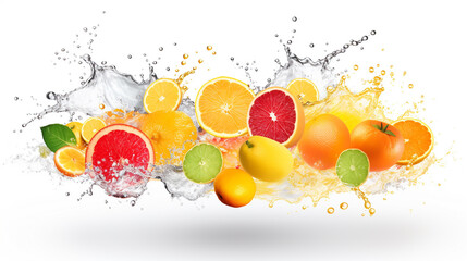 assorted fruits lemons grapefruits oranges are bathed in clear water. Generative Ai. 