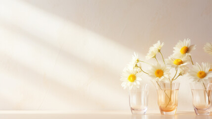 daisies in a vase illuminated by the morning rays of the sun on a light beige wall background. Generative Ai. 
