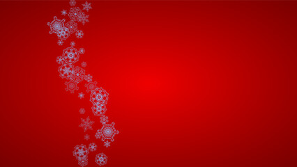 Christmas frame with snowflakes on red background. Santa Claus colors. Horizontal Christmas frame for holiday banners, cards, sales, special offers. Falling snow with bokeh and flakes for celebration