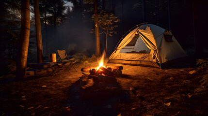 Outdoor camping in a forest, a lonely tent in a foggy forest with campfire at night