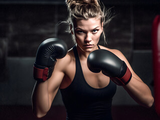 Plakat Female boxer doing training inside a boxing ring. Sport, healthy lifestyle, movement concept