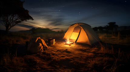 Lonely camper in a tent under milkyway with twinkling stars in the background. camp with camp fire under starry sky