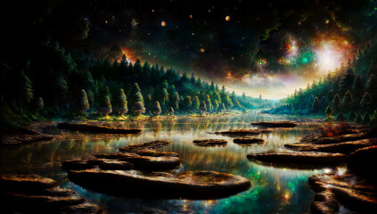 A river flowing through a forest on an alien planet with galaxies of stars and planets visible in the sky, Generative AI