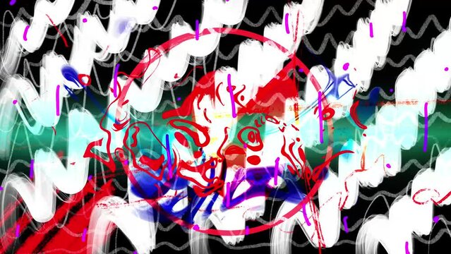 Dark abstract background with black swirling strokes. Stock abstract video with chaotic motion for overlay in 4K. Blue, black and red colors.