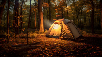 Outdoor camping in a forest, a lonely tent in a foggy forest