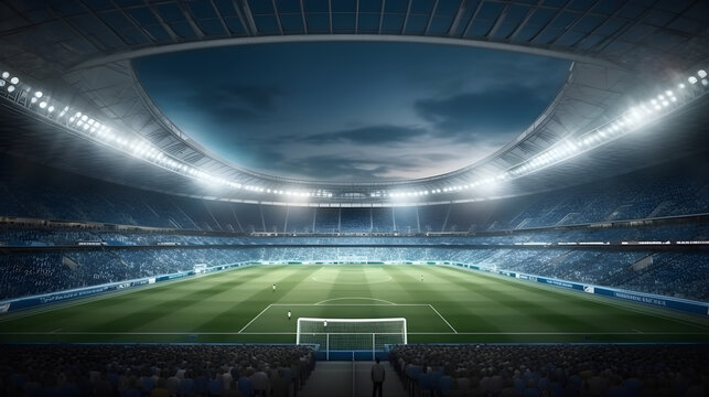 Modern soccer football stadium illuminated by spotlights and empty green grass playground. Sport building stadium with floodlights cinematic background