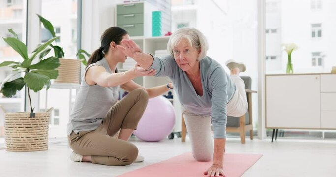 Physiotherapy, trainer and yoga for senior woman with support in studio for workout or wellness. Healthcare, professional and physical healing for elderly female with stretching for fitness or body.