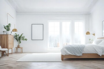 the view of interior of a bedroom with a bed and mock-up in background ai generated  - Powered by Adobe