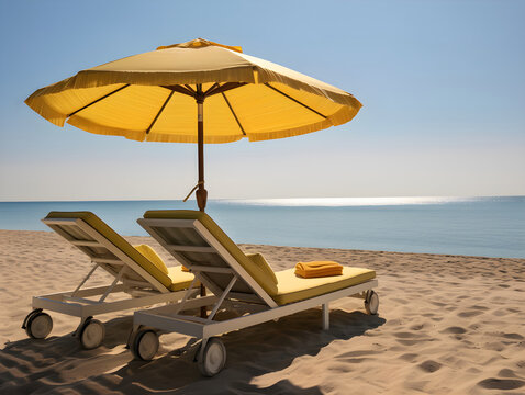 Two empty beach chairs and umbrella on the sandy beach near the sea. Summer holiday travel vocation concept