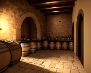 Fototapeta na wymiar wine barrels are stacked in a cave. Wine storage. generative AI