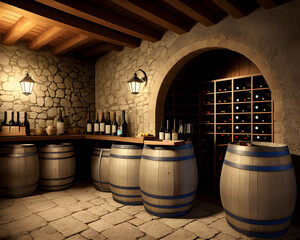 wine barrels are stacked in a cave. Wine storage. generative AI