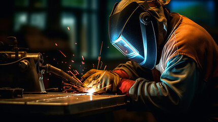 A welder wearing a welding helmet joining metal parts in a body shop. 