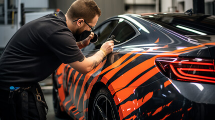 A vinyl wrap technician applying a custom design to a car's body. 