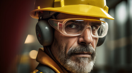 Fototapeta premium A man wearing a yellow hard hat and safety goggles 