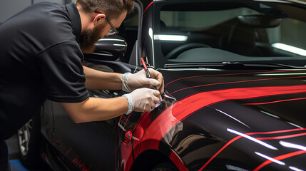A vehicle wrapping specialist trimming excess vinyl on a car's edges. 