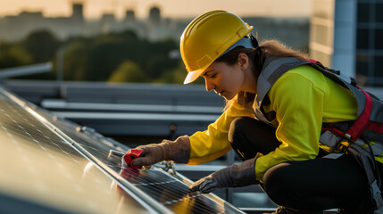 Fototapeta na wymiar A woman in a yellow vest conducting a solar panel maintenance check. 