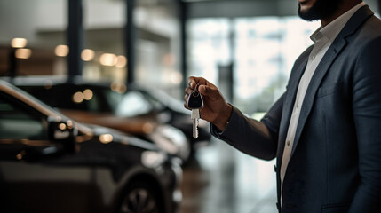 A customer service representative in a car rental agency handing over car keys