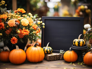 Halloween welcome signboard mockup. Black board with pumpkins and fallen leaves