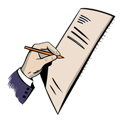 A pencil in the hand of a business person, opposite a sheet of paper with notes, vector drawing.

