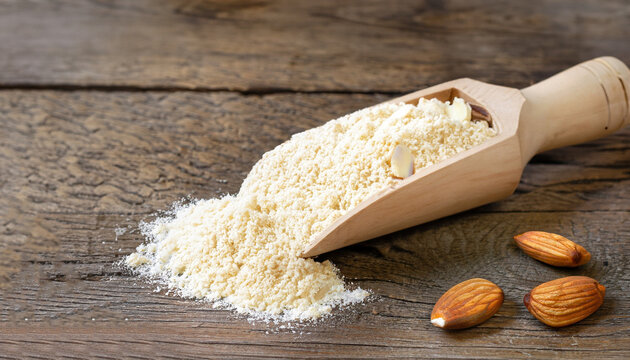 almond flour high in protein, low in carbohydrates, low in sugars and gluten free - a rustic wooden scoop on grained wood background